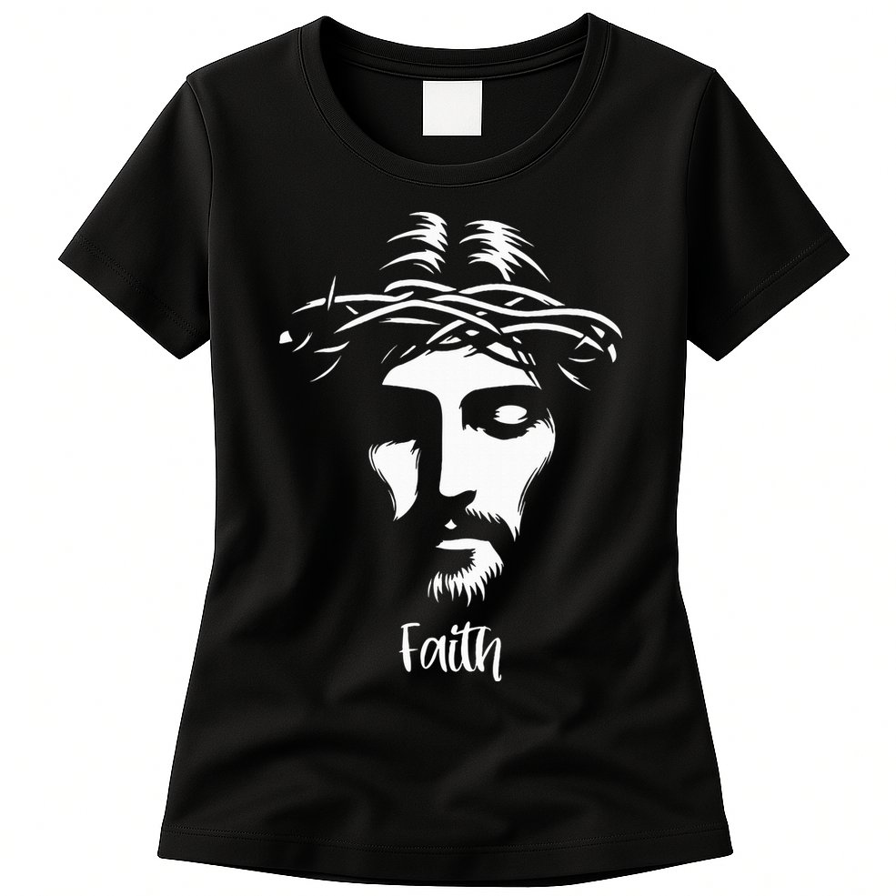 Beautiful Jesus Face Crown Of Thorns Christian Faith Peace Womens T-Shirt