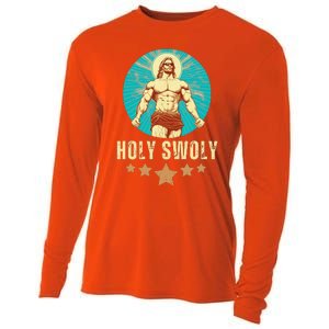 Bodybuilding Jesus Fitness Holy Swoly Funny Gym Cooling Performance Long Sleeve Crew