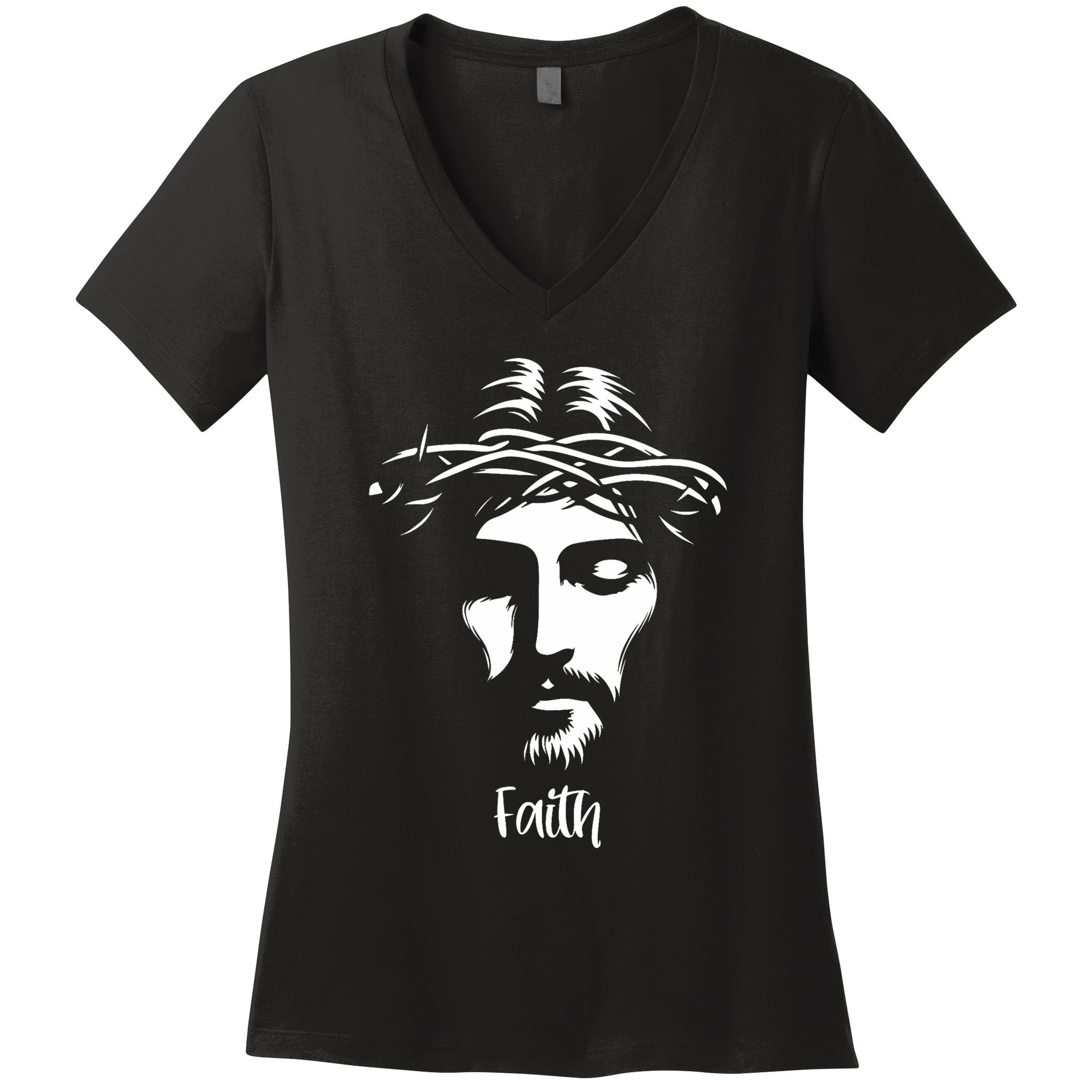Beautiful Jesus Face Crown Of Thorns Christian Faith Peace Women's V-Neck T-Shirt