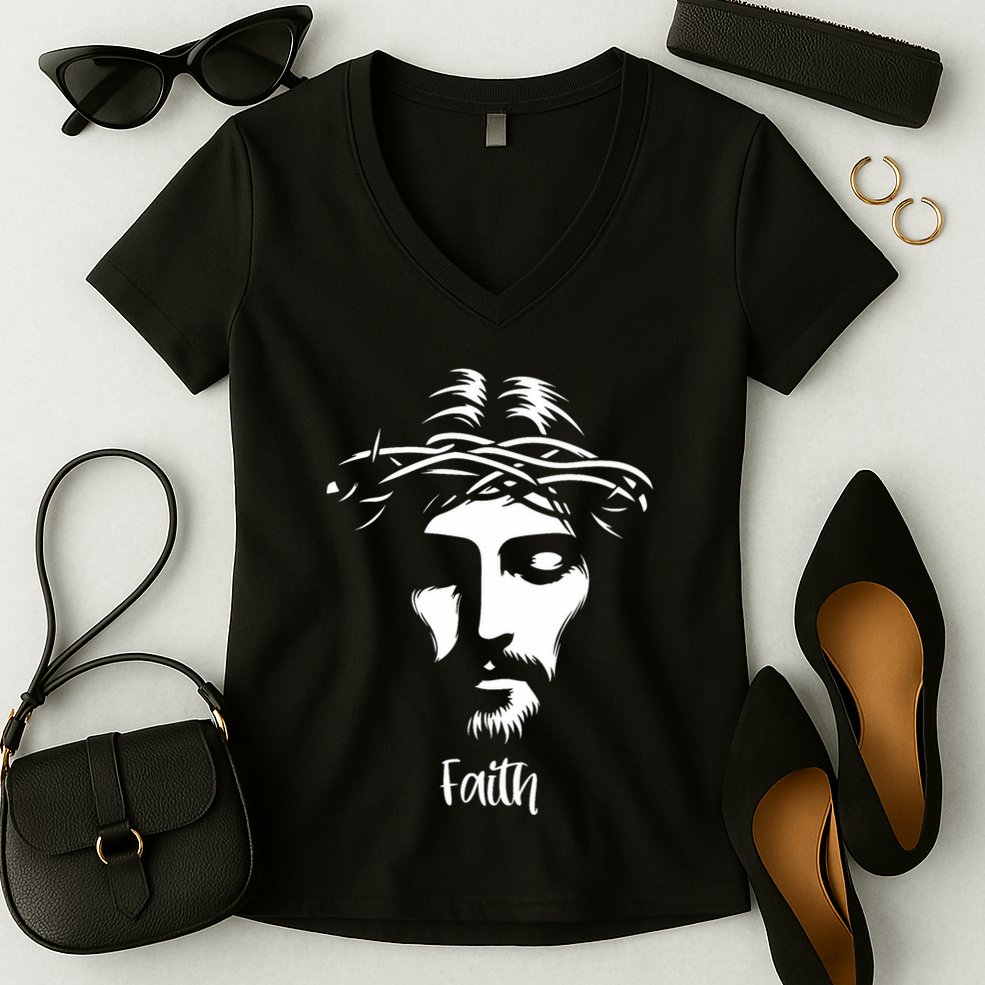 Beautiful Jesus Face Crown Of Thorns Christian Faith Peace Women's V-Neck T-Shirt