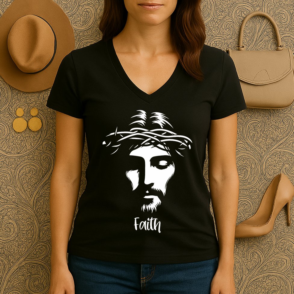 Beautiful Jesus Face Crown Of Thorns Christian Faith Peace Women's V-Neck T-Shirt