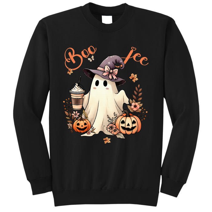 Boo Jee Ghost Drinking Coffee Coquette Bow Halloween Sweatshirt