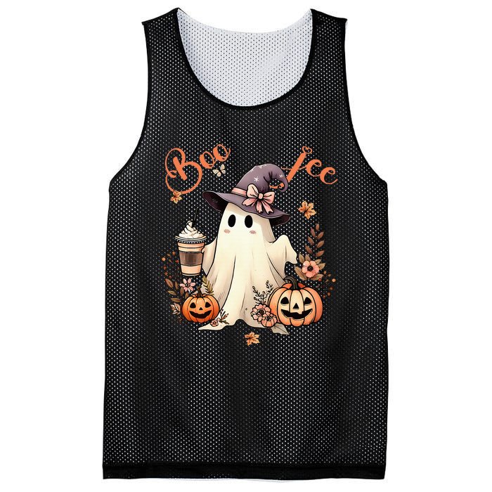 Boo Jee Ghost Drinking Coffee Coquette Bow Halloween Mesh Reversible Basketball Jersey Tank