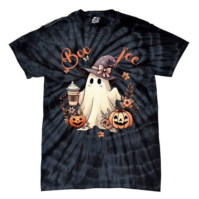 Boo Jee Ghost Drinking Coffee Coquette Bow Halloween Tie-Dye T-Shirt