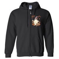 Boo Jee Ghost Drinking Coffee Coquette Bow Halloween Full Zip Hoodie