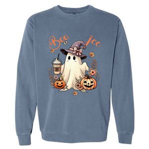 Boo Jee Ghost Drinking Coffee Coquette Bow Halloween Garment-Dyed Sweatshirt