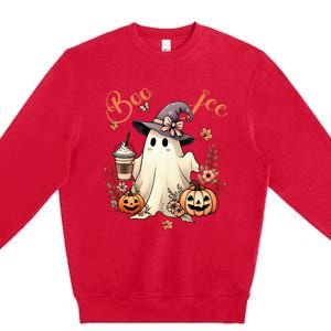 Boo Jee Ghost Drinking Coffee Coquette Bow Halloween Premium Crewneck Sweatshirt