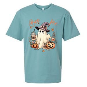 Boo Jee Ghost Drinking Coffee Coquette Bow Halloween Sueded Cloud Jersey T-Shirt