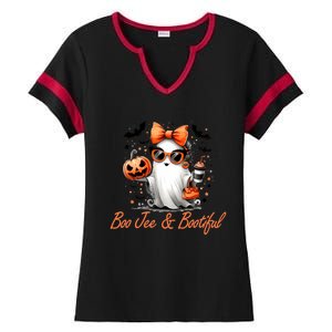 Boo Jee Ghost Ing Coffee Coquette Bow Halloween Cute Gift Ladies Halftime Notch Neck Tee