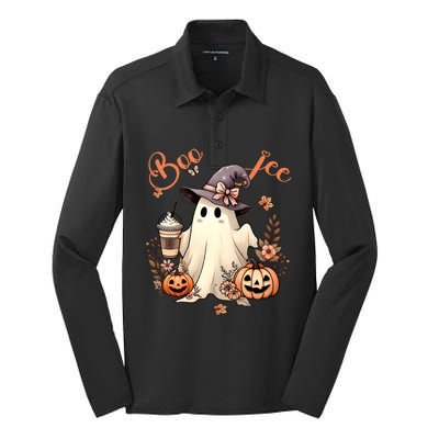 Boo Jee Ghost Drinking Coffee Coquette Bow Halloween Silk Touch Performance Long Sleeve Polo