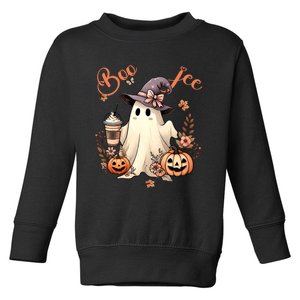 Boo Jee Ghost Drinking Coffee Coquette Bow Halloween Toddler Sweatshirt