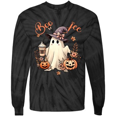 Boo Jee Ghost Drinking Coffee Coquette Bow Halloween Tie-Dye Long Sleeve Shirt