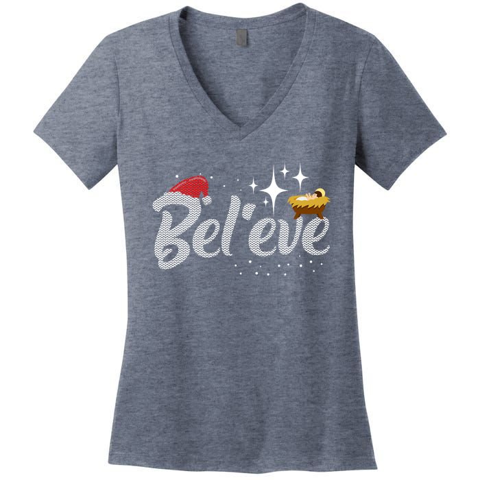 Believe Jesus Gift For Christmas Women's V-Neck T-Shirt