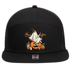 Boo Jee Ghost Ice Coffee Coquette Bow Halloween Women Girl Gift 7 Panel Mesh Trucker Snapback Hat