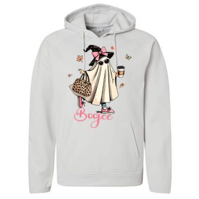 Boo Jee Ghost Drinking Coffee Coquette Bow Halloween Women Performance Fleece Hoodie