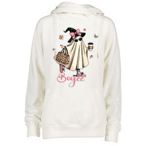 Boo Jee Ghost Drinking Coffee Coquette Bow Halloween Women Womens Funnel Neck Pullover Hood