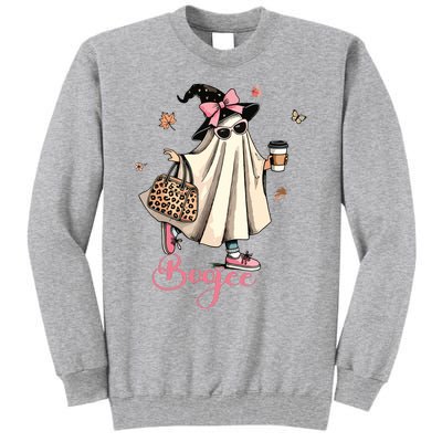 Boo Jee Ghost Drinking Coffee Coquette Bow Halloween Women Tall Sweatshirt