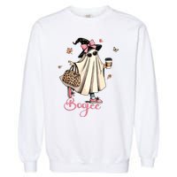 Boo Jee Ghost Drinking Coffee Coquette Bow Halloween Women Garment-Dyed Sweatshirt