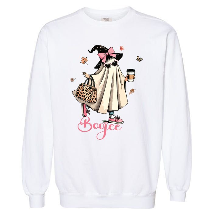 Boo Jee Ghost Drinking Coffee Coquette Bow Halloween Women Garment-Dyed Sweatshirt