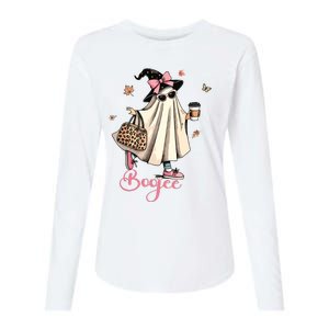 Boo Jee Ghost Drinking Coffee Coquette Bow Halloween Women Womens Cotton Relaxed Long Sleeve T-Shirt