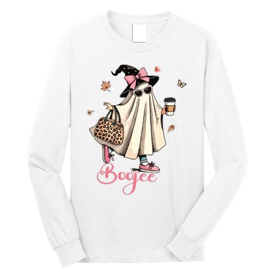 Boo Jee Ghost Drinking Coffee Coquette Bow Halloween Women Long Sleeve Shirt