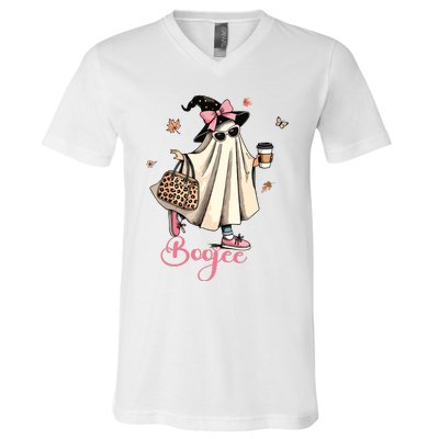 Boo Jee Ghost Drinking Coffee Coquette Bow Halloween Women V-Neck T-Shirt