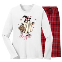 Boo Jee Ghost Drinking Coffee Coquette Bow Halloween Women Women's Long Sleeve Flannel Pajama Set 