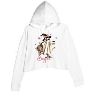 Boo Jee Ghost Drinking Coffee Coquette Bow Halloween Women Crop Fleece Hoodie