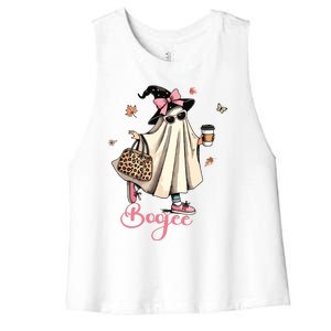 Boo Jee Ghost Drinking Coffee Coquette Bow Halloween Women Women's Racerback Cropped Tank