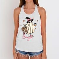 Boo Jee Ghost Drinking Coffee Coquette Bow Halloween Women Women's Knotted Racerback Tank