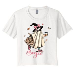 Boo Jee Ghost Drinking Coffee Coquette Bow Halloween Women Women's Crop Top Tee