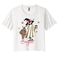 Boo Jee Ghost Drinking Coffee Coquette Bow Halloween Women Women's Crop Top Tee