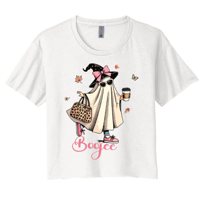 Boo Jee Ghost Drinking Coffee Coquette Bow Halloween Women Women's Crop Top Tee