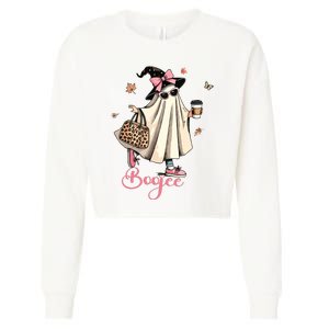 Boo Jee Ghost Drinking Coffee Coquette Bow Halloween Women Cropped Pullover Crew