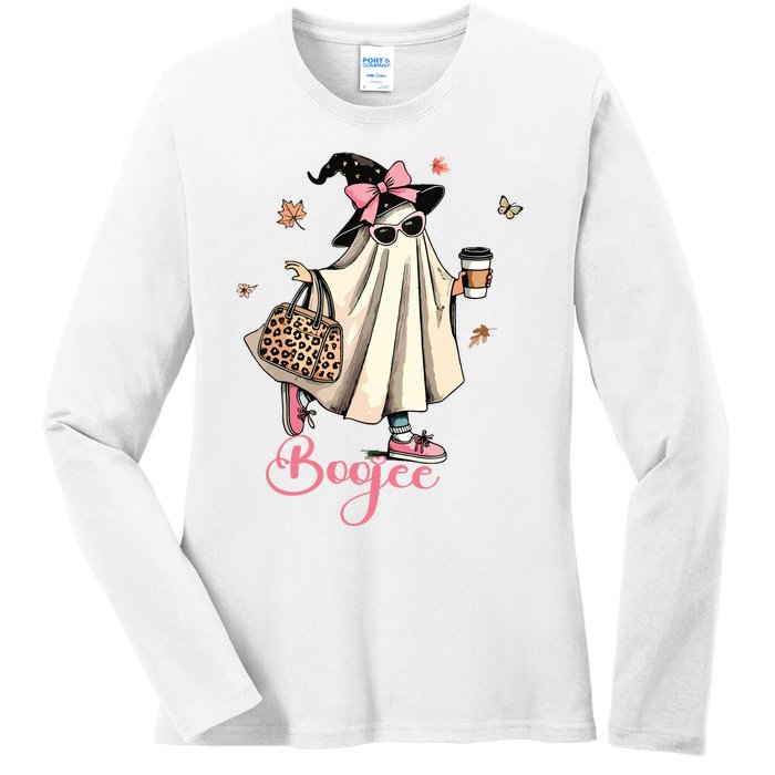 Boo Jee Ghost Drinking Coffee Coquette Bow Halloween Women Ladies Long Sleeve Shirt