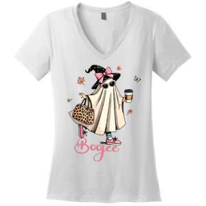 Boo Jee Ghost Drinking Coffee Coquette Bow Halloween Women Women's V-Neck T-Shirt