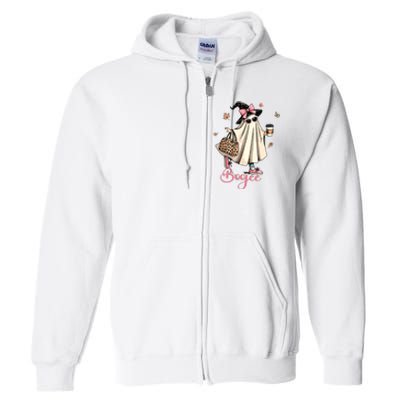 Boo Jee Ghost Drinking Coffee Coquette Bow Halloween Women Full Zip Hoodie