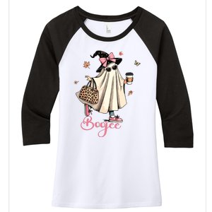 Boo Jee Ghost Drinking Coffee Coquette Bow Halloween Women Women's Tri-Blend 3/4-Sleeve Raglan Shirt