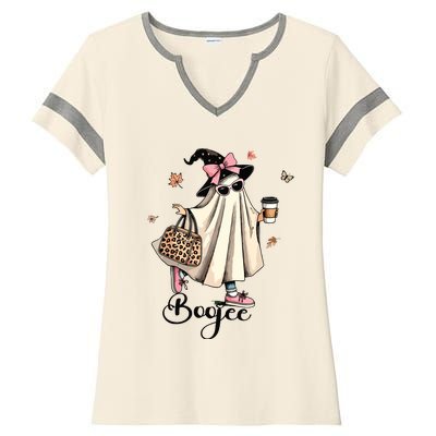 Boo Jee Ghost Ice Coffee Coquette Bow Halloween Women Girl Ladies Halftime Notch Neck Tee