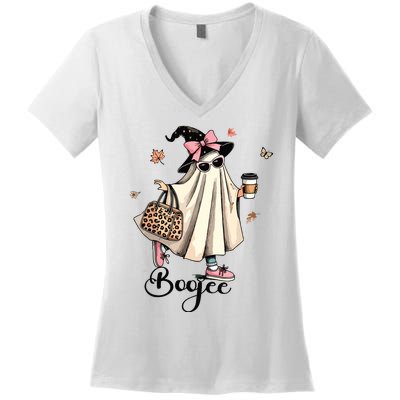 Boo Jee Ghost Ice Coffee Coquette Bow Halloween Women Girl Women's V-Neck T-Shirt