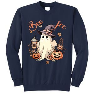 Boo Jee Ghost Drinking Coffee Coquette Bow Halloween Women Tall Sweatshirt