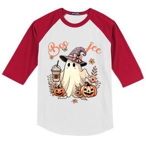 Boo Jee Ghost Drinking Coffee Coquette Bow Halloween Women Kids Colorblock Raglan Jersey