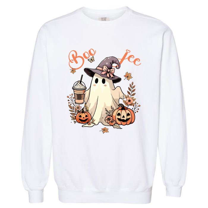 Boo Jee Ghost Drinking Coffee Coquette Bow Halloween Women Garment-Dyed Sweatshirt