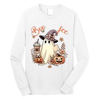 Boo Jee Ghost Drinking Coffee Coquette Bow Halloween Women Long Sleeve Shirt