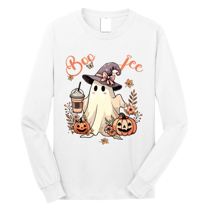 Boo Jee Ghost Drinking Coffee Coquette Bow Halloween Women Long Sleeve Shirt