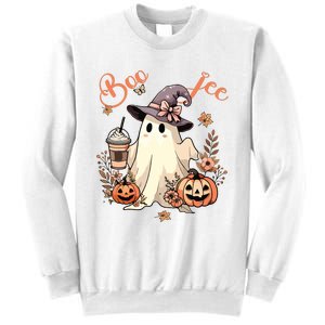 Boo Jee Ghost Drinking Coffee Coquette Bow Halloween Women Sweatshirt