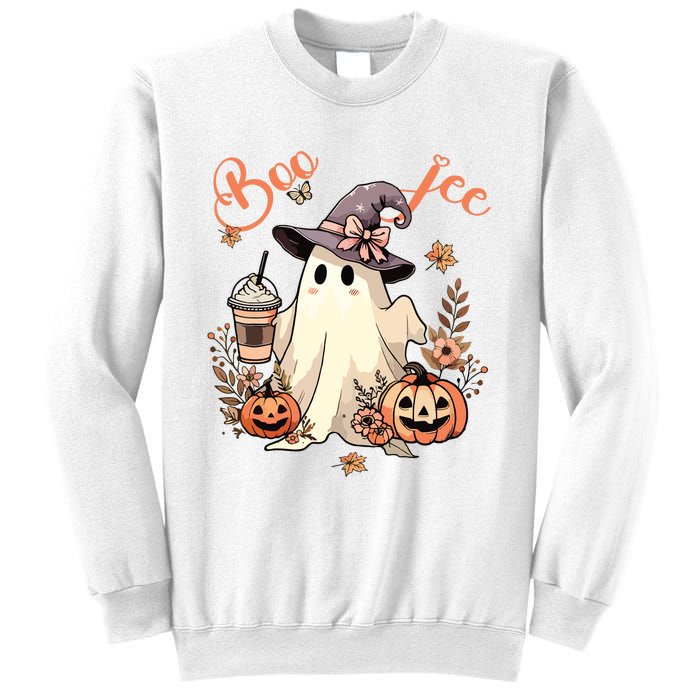 Boo Jee Ghost Drinking Coffee Coquette Bow Halloween Women Sweatshirt