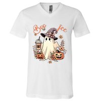 Boo Jee Ghost Drinking Coffee Coquette Bow Halloween Women V-Neck T-Shirt