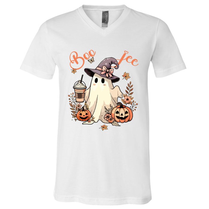 Boo Jee Ghost Drinking Coffee Coquette Bow Halloween Women V-Neck T-Shirt