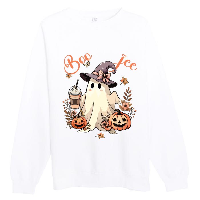 Boo Jee Ghost Drinking Coffee Coquette Bow Halloween Women Premium Crewneck Sweatshirt